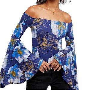 Free People Blue Floral Off-Shoulder Blouse